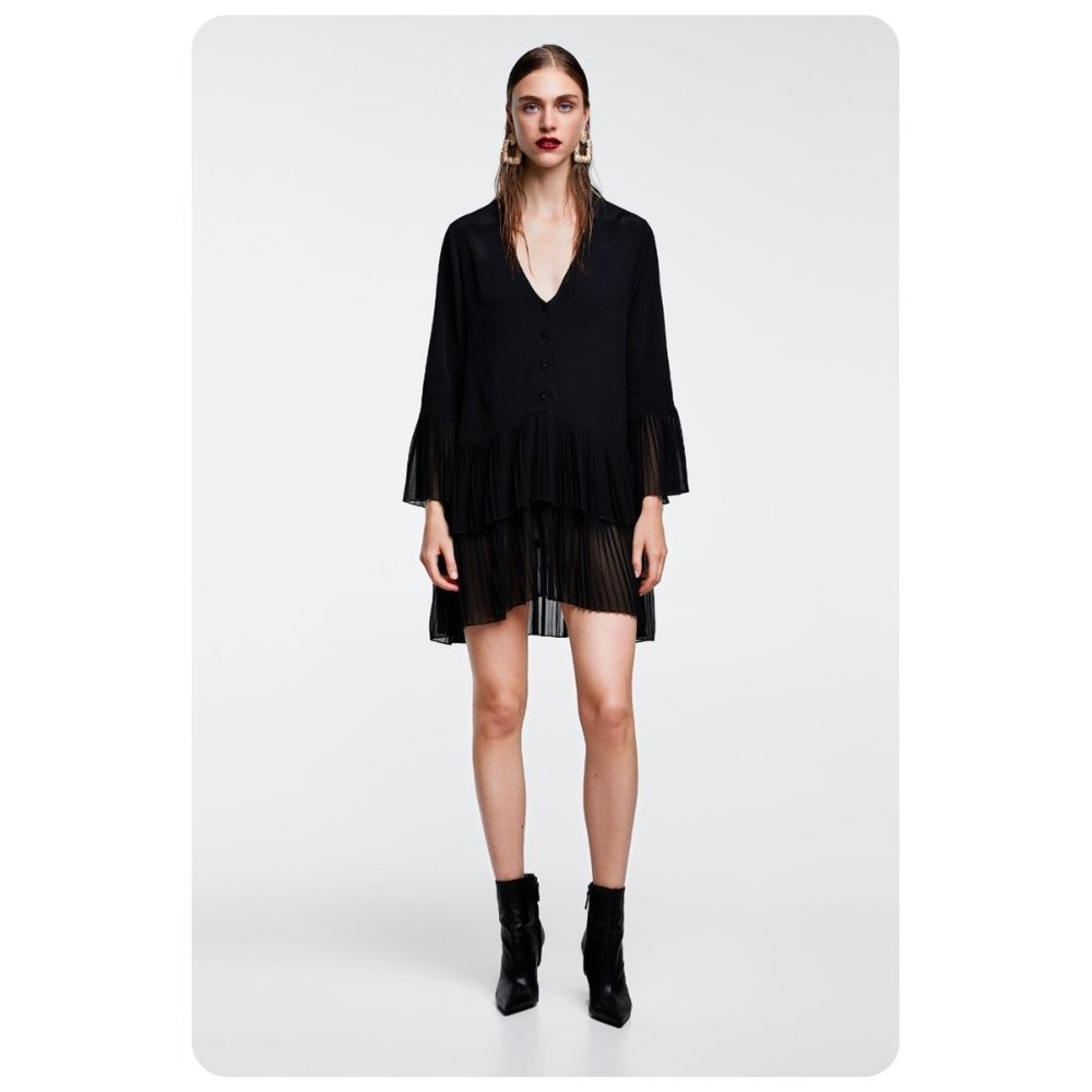 Zara Black Long Sleeve Contrasting Pleated Button Up V-Neck Mini Dress / Tunic